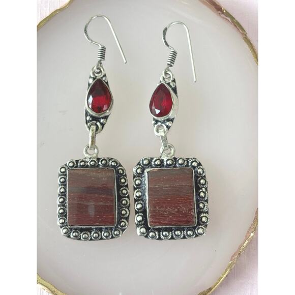 925 Silver Red Rainbow Jasper & Red Coral Dangle Earrings - Picture 1 of 5